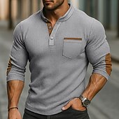 preiswerte Lässiges Henley-T-Shirt-Herren Waffel-T-Shirt Waffel-Henley-Hemd Langarm Stehkragen Frühling &amp; Herbst Ganzjahres Einfarbig Mode Basic Lässig Taschen Falscher Zweiteiler Straße Lässig Sport Schwarz Marineblau Armeegrün Top