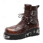 economico Stivali da motociclista-stivali da motociclista punk con lacci, fibbie e dettagli in metallo, con plateau e fiamme gotiche marroni da uomo per feste di Halloween, cosplay horror e festival a tema