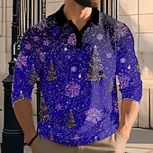 billiga Julgransoutfit-Jul Herr Lyktor Polo Långärmad Polotröjor Kavajslag Ledigt Utomhus Gata Fritids- Festival outfit 3D-utskrift Knappar Vår Höst Vinter Rubinrött Purpur Grön