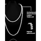 رخيصةأون إكسسوارات تنكرية-مجموعة مجوهرات نسائية من طراز جاتسبي فلابر من عشرينيات القرن العشرين - عصابة رأس من ريش الطاووس، سوار من اللؤلؤ، أقراط، قلادة، وقفازات للحفلات الكلاسيكية والملابس المسائية