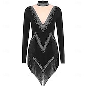 ieftine rochie de concurs-Rochie de dans latino strălucitoare pentru femei, cu mânecă lungă, cu ciucuri, cha cha, salsa, rumba, tango
