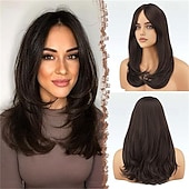 cheap Party Wigs-Wigs with Bangs for Women Synthetic Natural Looking Long Layered Straight Auburn Hair Wig for Women Daily Party Use 18 inch