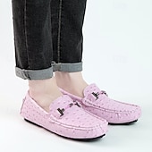 cheap Casual Loafers-Men's Yellow Ostrich Pattern Loafers with Metal Buckle, Casual Slip-On Driving Moccasins for Business, Summer Parties and Everyday Wear