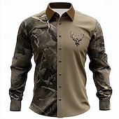 economico Camicia vintage-Per uomo Mimetico Renna Camicia Camicia con Bottoni Manica Lunga Vintage Retrò All&#039;aperto Campeggio &amp; Escursionismo Caccia Primavera Autunno Collo ripiegato Stampa 3D camicie con colletto Cachi