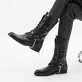 abordables Bottes de motard-Bottes de combat gothiques noires pour hommes – Chaussures de moto à lacets et tige haute avec sangles pour le punk rock, le cosplay et les soirées nocturnes