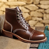 abordables Bottes de travail-Bottines à lacets en similicuir marron pour homme avec surpiqûres rétro – bottines de travail décontractées pour l&#039;extérieur, idéales au quotidien