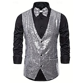 economico Abiti da festa-gilet da uomo con scollo a V, tinta unita, nero, argento e oro, vestibilità su misura