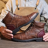 abordables Bottes de travail-Bottines à lacets marron robustes pour hommes avec col rembourré, style vêtements de travail d&#039;extérieur durables pour la randonnée, la construction et les vêtements de ville décontractés