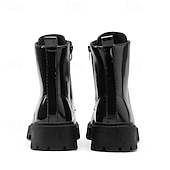 abordables Botas de combate-Botas con cordones para hombre de piel negra brillante con suela gruesa: imprescindibles para motociclistas, entusiastas del rock, estilo urbano informal y moda actual.