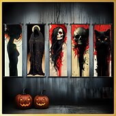 5 Pcs Halloween Wall Tapestry Witch Silhouette Hooded Figure Black Skeleton White Skeleton Black Cat Pattern Party Decoration Interior Decor Accessories4