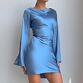 preiswerte abendkleider-Damen Minikleid Partykleid Cocktailkleid Satinkleid Elegant Modern Party Abendgesellschaft Cocktailparty Normale Passform Einfach Langarm Rundhalsausschnitt Schwarz Blau Herbst Winter