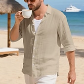preiswerte Baumwoll-Leinenhemd-Herren Hemd Leinenhemd Freizeithemd Knopfhemd Baumwollhemd Einfach Urlaub Hawaiianisch Schwarz Weiß Gelb Marineblau Langarm Revers Frühling Herbst Bekleidung