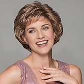 tanie starsza peruka-damska krótka brązowa peruka warstwowa z grzywką, naturalnie wyglądająca, realistyczne włosy syntetyczne, odporna na ciepło, falowana, elegancka, do codziennego noszenia, w modnym stylu