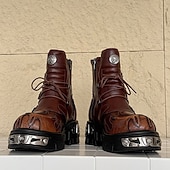 economico Stivali da motociclista-stivali da motociclista punk con lacci, fibbie e dettagli in metallo, con plateau e fiamme gotiche marroni da uomo per feste di Halloween, cosplay horror e festival a tema