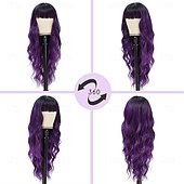 baratos Perucas de festa-perucas roxas com franja - perucas de cabelo longo, cacheado e ondulado, fibra sintética resistente ao calor, 26 polegadas