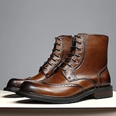 levne Prémiové kožené boty-Pánské hnědé kotníkové boty s brogue vzorem, klasický design s křídlovým hrotem, robustní outdoorové pracovní boty pro volný čas v podnikání, cestování a každodenní nošení