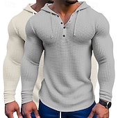 billige Vaffelstrikket T-skjorte-Herre Vaffelskjorte T skjorte T-skjorte Langermet skjorte Langermet Med hette Vår &amp; Vinter Alle årstider عادي Mote Designer Grunnleggende 2 deler Knapper Feriereise Gate Avslappet Army Green + Grey
