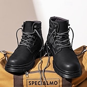 olcso Harci bakancs-Fekete műbőr férfi fűzős csizma vastag talppal és katonai stílussal – tökéletes Harley-Davidson motorosoknak, punk rockereknek, hétköznapi viseletnek és trendi utcai divatnak.