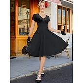 abordables Dresses-1950s Retro Vintage Midi Dress Swing Dress Flare Dress Solid Color Fit &amp; Flare V Neck Fancy Dress Women's Halloween Carnival Valentine's Day Casual Homecoming Retro Theme Party Adults' Dress Spring