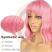 economico Parrucche da festa-parrucche bob con frangia per donne parrucca ondulata sciolta parrucca bob ondulata pastello lunga fino alle spalle parrucca cosplay sintetica per ragazze parrucche colorate per costumi