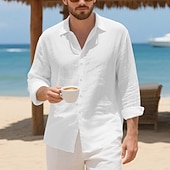 preiswerte Baumwoll-Leinenhemd-Herren Hemd Leinenhemd Freizeithemd Knopfhemd Baumwollhemd Einfach Urlaub Hawaiianisch Schwarz Weiß Gelb Marineblau Langarm Revers Frühling Herbst Bekleidung