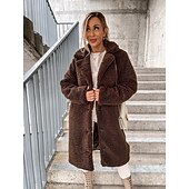 billiga Fleece-fodrade jackor-Dam Sherpajacka Bekväm Andningsfunktion Knappar Elegant Ledigt Slät Semester Gata Ledigt Dagliga kläder Enkelknäppt Lång Huva Normal Långärmad Ytterkläder Brun Kaki Beige Vår Höst