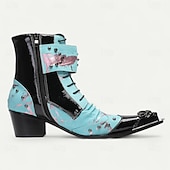 economico Stivali in pelle di alta qualità-stivaletti da cowboy vintage da uomo – vera pelle di vacchetta con motivo blu, punta affilata e cinturini con fibbia per balli western, spettacoli teatrali e abbigliamento da festa