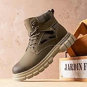 olcso Harci bakancs-Fekete műbőr férfi fűzős csizma vastag talppal és katonai stílussal – tökéletes Harley-Davidson motorosoknak, punk rockereknek, hétköznapi viseletnek és trendi utcai divatnak.