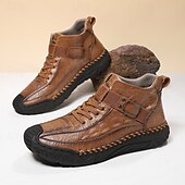 baratos Botas de cano curto-Botas masculinas de couro sintético genuíno marrom para caminhadas ao ar livre com sola antiderrapante – calçado casual para viagem e aventura