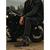 economico Stivali da motociclista-stivali da motociclista in pelle nera da uomo con cinturini con fibbia e design a teschio ricamato, resistenti ed eleganti per motociclisti e abbigliamento casual