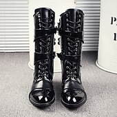 abordables Chaussures pour Hommes-Bottes noires punk rock montantes pour homme – cuir verni brillant avec brides à boucles multiples et lacets sur le devant pour tenues gothiques, motardes, de concert et d&#039;Halloween
