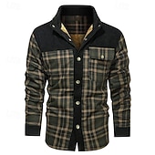 baratos Casacos &amp; Sobretudos para Homem-Homens Casaco puffer Jaqueta de Camisa Casaco de lã Jaqueta casual Férias Diário Térmico / Quente Bolsos Tosão Outono Inverno Xadrez Moda Roupa de rua Colarinho Chinês Padrão Preto Vermelho Verde