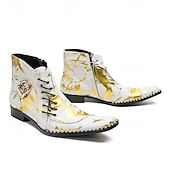 economico Stivali in pelle di alta qualità-stivali western da uomo con motivo floreale bianco e design allacciato: calzature di tendenza per uomini alla moda, perfette per feste e spettacoli