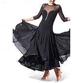 economico Sala da Ballo Standard-abito da ballo da sala nero da donna con maniche in rete trasparente e scollo a V, gonna svasata, elegante abito da spettacolo per eventi di ballo latino, tango e sala da ballo