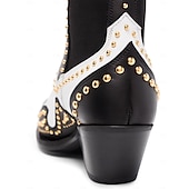 ゴールドのスタッズとメタルトゥが付いたレディースのブラックレザーウエスタンアンクルブーツ - ファッションストリートウェアやパーティーに最適なカウボーイスタイルのチャンキーヒールブーツ お買い得  チェルシーブーツ-ゴールドのスタッズとメタルトゥが付いたレディースのブラックレザーウエスタンアンクルブーツ - ファッションストリートウェアやパーティーに最適なカウボーイスタイルのチャンキーヒールブーツ