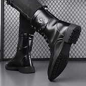 Czarne, skórzane, sznurowane, męskie buty bojowe z okrągłym metalowym logo, grubą podeszwą i wojskowym stylem – idealne dla motocyklistów Harley'a, miłośników mody punkrockowej, osób lubiących swobodne chodzenie na świeżym powietrzu i do codziennego użytk tanie Buty bojowe-Czarne, skórzane, sznurowane, męskie buty bojowe z okrągłym metalowym logo, grubą podeszwą i wojskowym stylem – idealne dla motocyklistów Harley'a, miłośników mody punkrockowej, osób lubiących swobodne chodzenie na świeżym powietrzu i do codziennego użytk