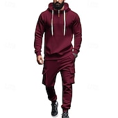 abordables Survêtements de base-Homme Ensemble Survetement Ensemble de tenues Ensemble de sweats à capuche Sweat à Capuche Extérieur Quotidien Sports Cordon de serrage Avec Poches Uni Rouge vin Noir Blanche Polyester Tenues de Sport