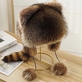 お買い得  暖房と冷房-冬用のかわいいアライグマのぬいぐるみ帽子、耳あて付きの暖かいトラッパーハット、子供と大人用のフェイクアライグマの毛皮のウシャンカアビエイターハット
