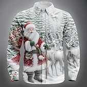 billiga Jultomtens outfit-Jul Herr jultomten Ren Julkostym Skjorta Knapp upp skjorta Långärmad Rolig Utomhus Helgdag Vår Höst Nedvikt 3D-utskrift Linne som skjorta Vit 1 Blå 2# Blå 1# Vit Vit 2