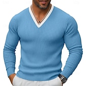 preiswerte Geripptes Strick-T-Shirt-Herren T Shirt Muskelshirt Geripptes Strick-T-Shirt T-Shirt Langarm V Ausschnitt Frühling Herbst Winter Einfach Grubenstreifen Mode Designer Basic Stricken Urlaub Straße Lässig Schwarz Blau Purpur