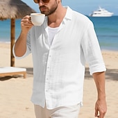 preiswerte Baumwoll-Leinenhemd-Herren Hemd Leinenhemd Freizeithemd Knopfhemd Baumwollhemd Einfach Urlaub Hawaiianisch Schwarz Weiß Gelb Marineblau Langarm Revers Frühling Herbst Bekleidung