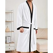 billiga Pyjamas-Herr Pyjamas Sovkläder Badrock Slät Mode Stylish Klassisk Hem Dagligen Säng Polyester Komfort Mjuk V-hals Långärmad Ficka Inkl. bälte Vår Höst Svart Vit