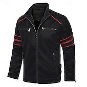 cheap Faux Leather Jackets-Men's Faux Leather Jacket Fleece Jacket Biker Jacket Motorcycle Jacket Vacation Daily Windproof Warm Patchwork Pocket Fall Winter Stripes Fashion Classic Stand Collar Regular Black Jacket
