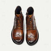 levne Prémiové kožené boty-Pánské hnědé kotníkové boty s brogue vzorem, klasický design s křídlovým hrotem, robustní outdoorové pracovní boty pro volný čas v podnikání, cestování a každodenní nošení