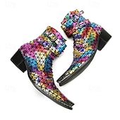 preiswerte Hochwertige Lederstiefel-Herrenstiefel mit Regenbogenmuster und reflektierender Textur – stylische und farbenfrohe Schuhe für Festivals, Partys und Modebegeisterte