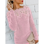 baratos Cores Sólidas-Mulheres Suéter Elegante Casual Macia Cor imaculada Estriado Gola Redonda Renda Patchwork Tricotado Manga Longa Tops regulares Tricotar Ao ar livre Diário Final de semana Preto Rosa Outono Inverno