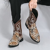tanie Kowboj i zachodnie buty-Kowbojskie buty męskie z nadrukiem w panterkę – egzotyczne, skórzane buty w stylu western do połowy łydki, idealne na rodeo, występy sceniczne i modowe imprezy