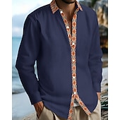 preiswerte Herrenhemd zum Knöpfen-Herren Hemd Sommerhemd Freizeithemd Strandhemd Knopfhemd Schwarz Weiß Marineblau Kaki Leicht Blau Langarm Argyle Revers Urlaub Hawaiianisch Patchwork Bekleidung Leinen Mode Lässig Bequem