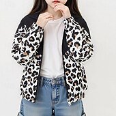 billiga Flickors utomhusjackor-Barn Flickor Vandringsjacka Friluftsjacka Kappa Leopard Mode Dragkedja Ficka Vindtät Utomhus Täcka Ytterkläder 4 år + Vår Vit+Svart