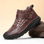 baratos Botas de cano curto-Botas masculinas de couro sintético genuíno marrom para caminhadas ao ar livre com sola antiderrapante – calçado casual para viagem e aventura